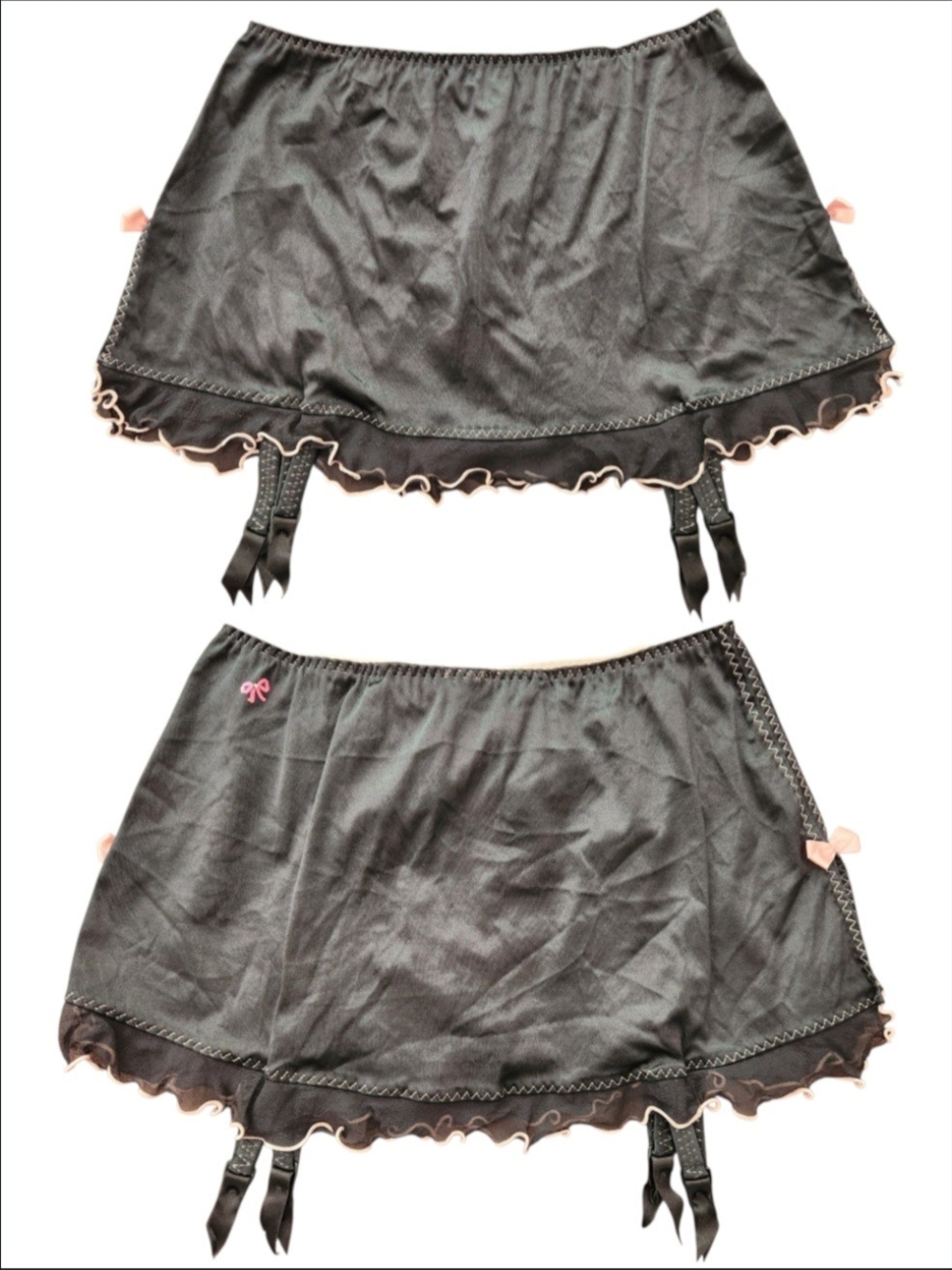 RARE Vintage Victoria's Secret Black Satin Garter Belt Slip Pink Accents & Thong